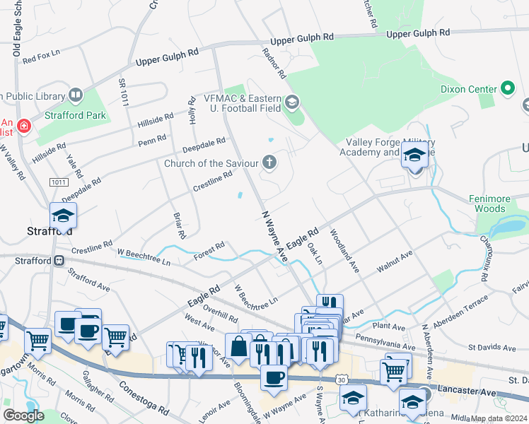 map of restaurants, bars, coffee shops, grocery stores, and more near North Wayne Avenue in Wayne