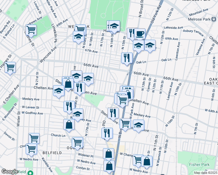 map of restaurants, bars, coffee shops, grocery stores, and more near 6436 North Sydenham Street in Philadelphia
