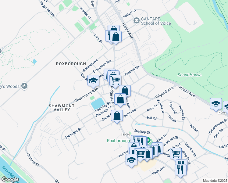 map of restaurants, bars, coffee shops, grocery stores, and more near 7631 Ridge Avenue in Philadelphia