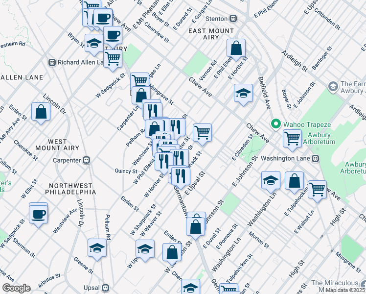 map of restaurants, bars, coffee shops, grocery stores, and more near 60 East Hortter Street in Philadelphia