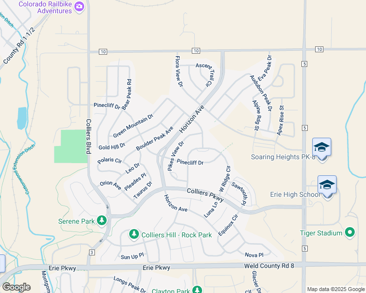 map of restaurants, bars, coffee shops, grocery stores, and more near 535 West Ridge Circle in Erie