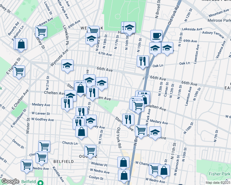 map of restaurants, bars, coffee shops, grocery stores, and more near 6433 North Smedley Street in Philadelphia