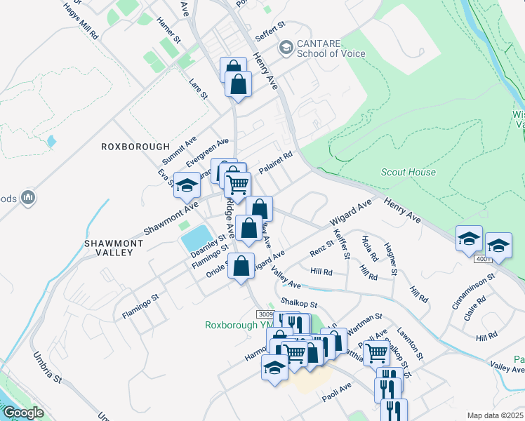 map of restaurants, bars, coffee shops, grocery stores, and more near 7558 Valley Avenue in Philadelphia