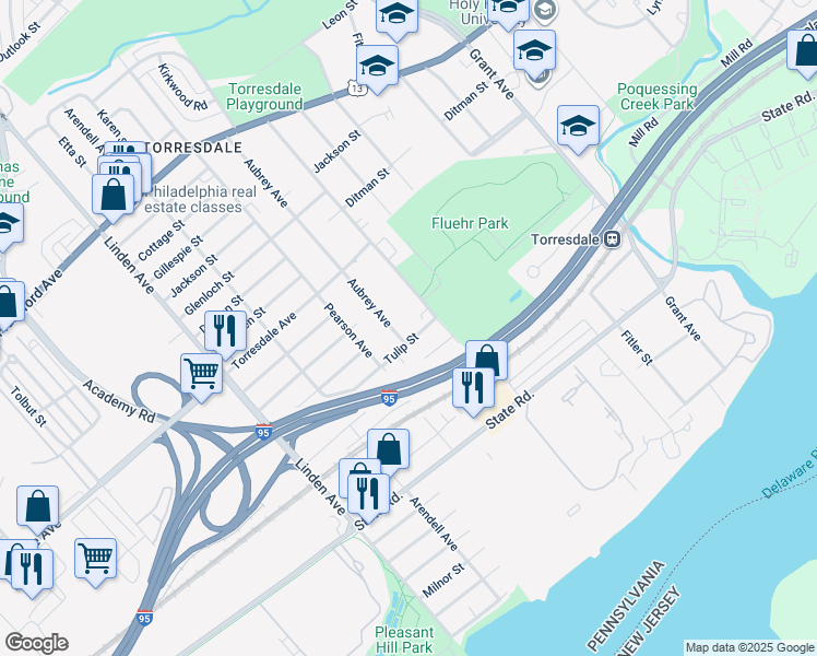 map of restaurants, bars, coffee shops, grocery stores, and more near 4827 Aubrey Avenue in Philadelphia