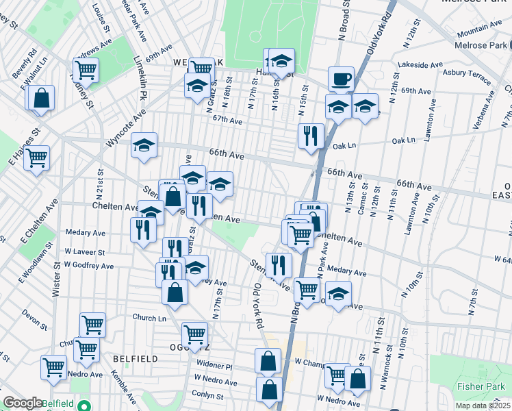 map of restaurants, bars, coffee shops, grocery stores, and more near 6432 North 16th Street in Philadelphia