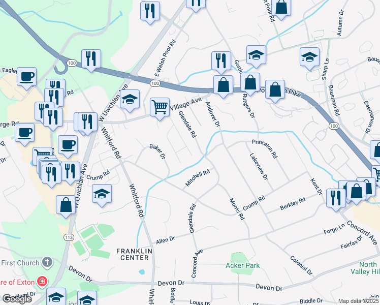 map of restaurants, bars, coffee shops, grocery stores, and more near 420 Village Walk in Exton