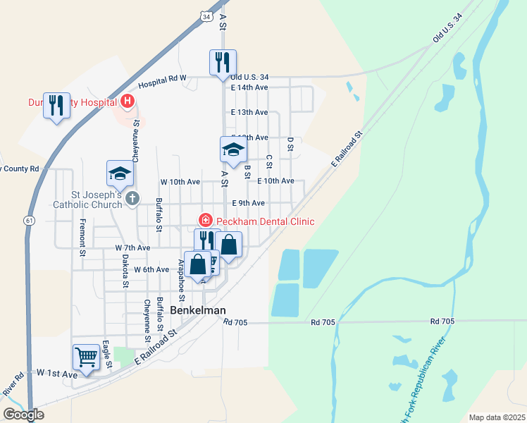 map of restaurants, bars, coffee shops, grocery stores, and more near 801-899 C Street in Benkelman