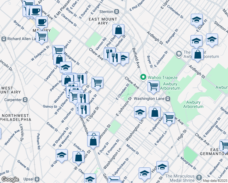 map of restaurants, bars, coffee shops, grocery stores, and more near 300 East Upsal Street in Philadelphia