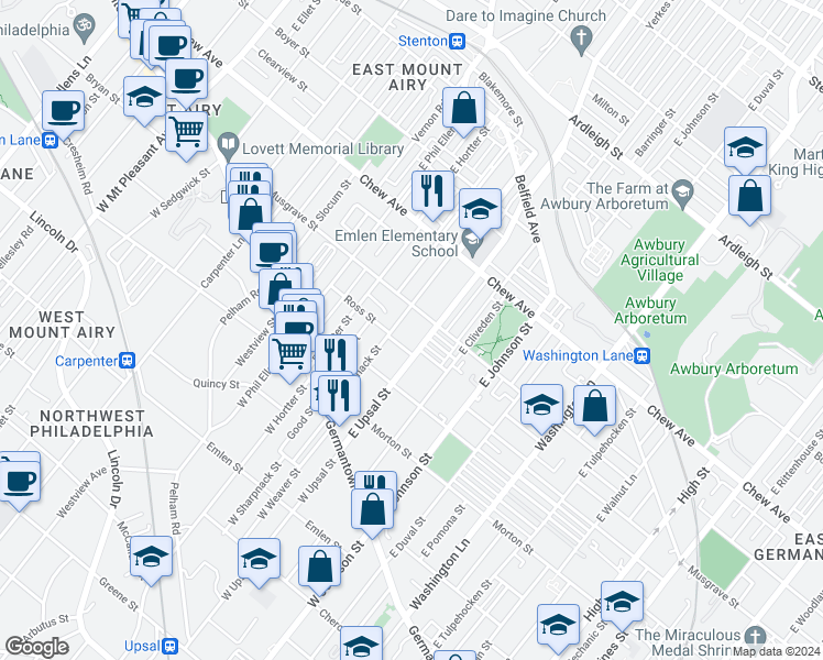 map of restaurants, bars, coffee shops, grocery stores, and more near 239 East Upsal Street in Philadelphia