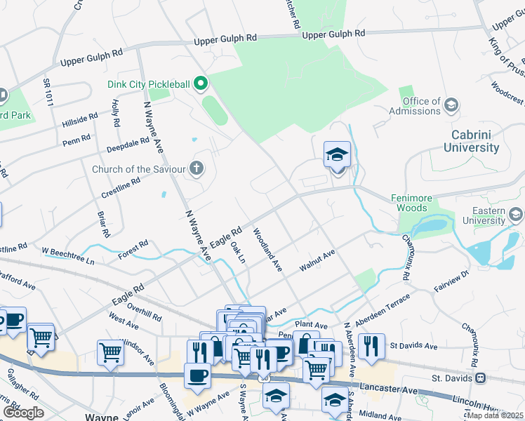 map of restaurants, bars, coffee shops, grocery stores, and more near 807 Eagle Road in Wayne