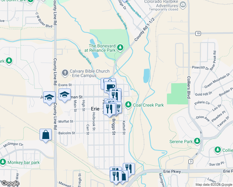 map of restaurants, bars, coffee shops, grocery stores, and more near 656 Kattell Street in Erie