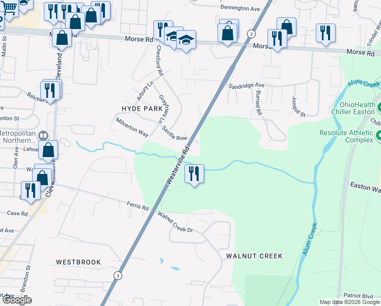 map of restaurants, bars, coffee shops, grocery stores, and more near 4000 Westerville Road in Columbus
