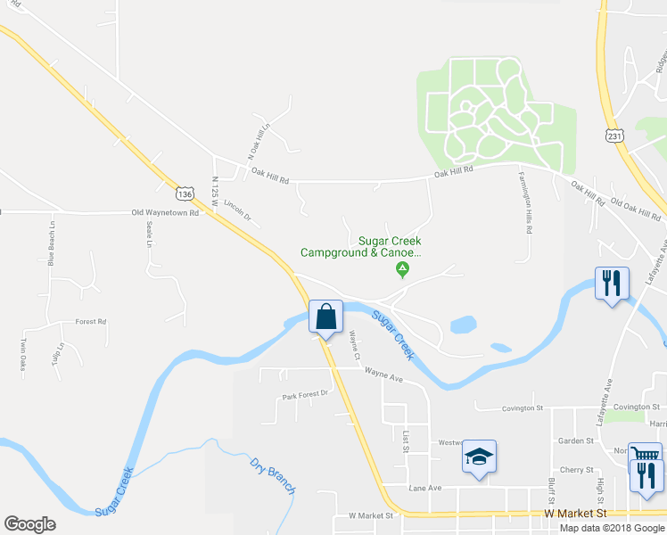 map of restaurants, bars, coffee shops, grocery stores, and more near 942 West 83 North in Crawfordsville