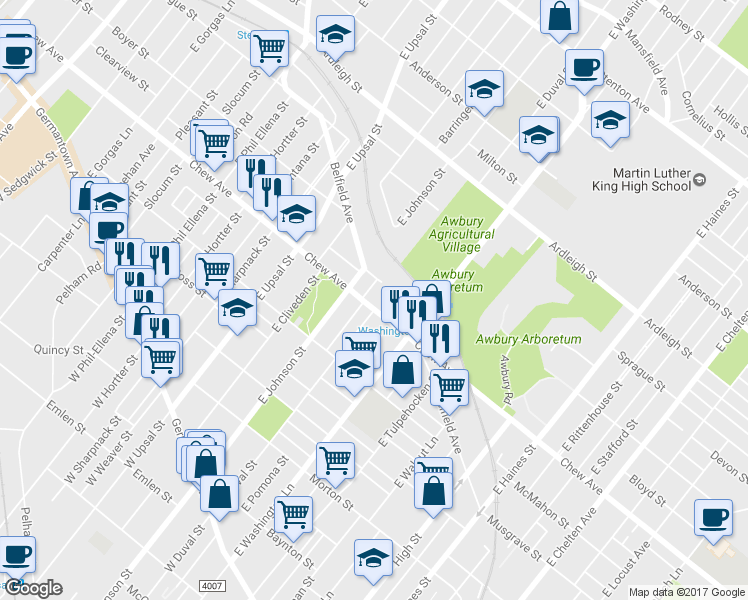 map of restaurants, bars, coffee shops, grocery stores, and more near 6361 Chew Avenue in Philadelphia