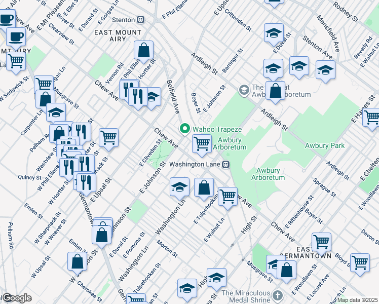 map of restaurants, bars, coffee shops, grocery stores, and more near 6361 Chew Avenue in Philadelphia