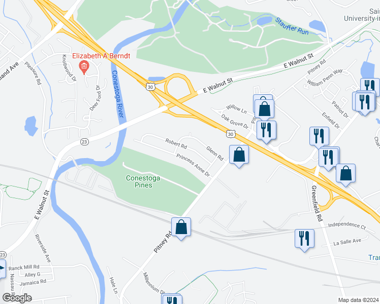 map of restaurants, bars, coffee shops, grocery stores, and more near 1620 Robert Road in Lancaster