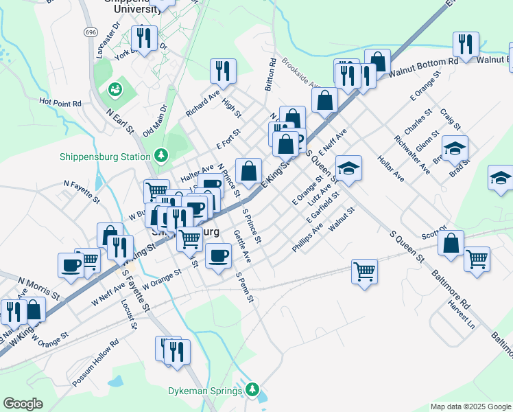 map of restaurants, bars, coffee shops, grocery stores, and more near 212 East King Street in Shippensburg