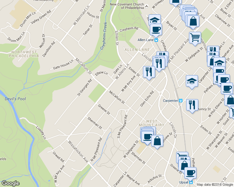 map of restaurants, bars, coffee shops, grocery stores, and more near 523 West Mount Airy Avenue in Philadelphia