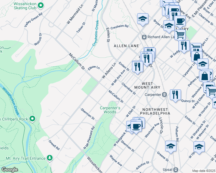 map of restaurants, bars, coffee shops, grocery stores, and more near 523 West Mount Airy Avenue in Philadelphia