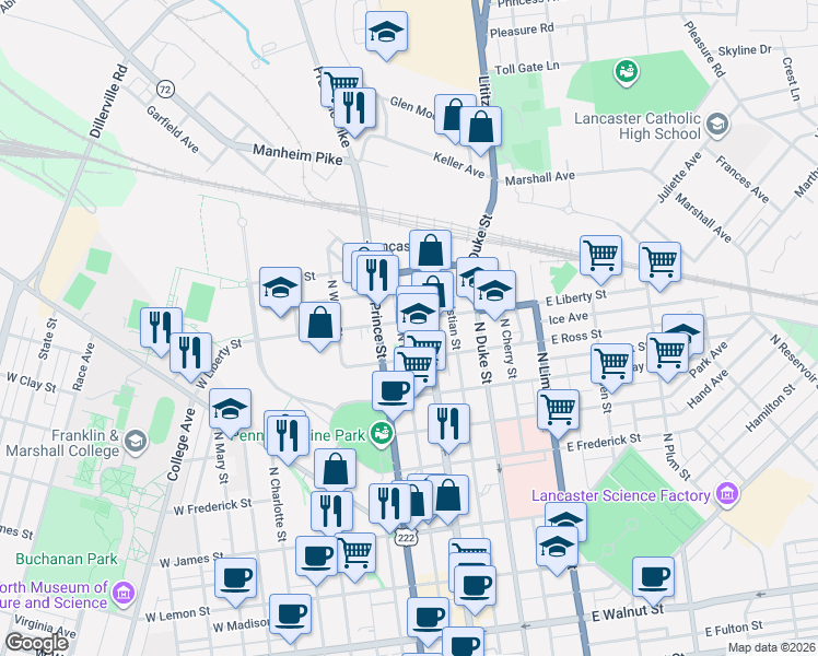 map of restaurants, bars, coffee shops, grocery stores, and more near 860 North Market Street in Lancaster