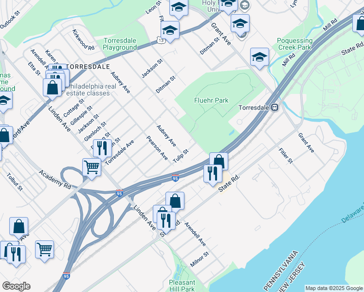 map of restaurants, bars, coffee shops, grocery stores, and more near 4825 Aubrey Avenue in Philadelphia