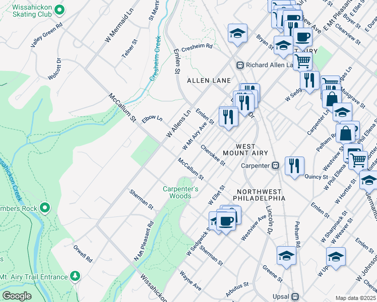 map of restaurants, bars, coffee shops, grocery stores, and more near 512 West Mount Airy Avenue in Philadelphia