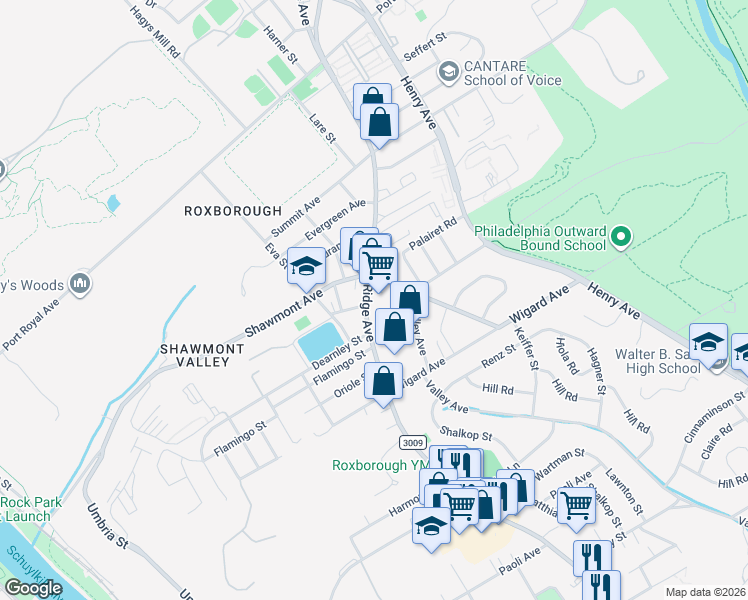 map of restaurants, bars, coffee shops, grocery stores, and more near 7631 Ridge Avenue in Philadelphia