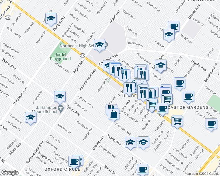map of restaurants, bars, coffee shops, grocery stores, and more near 1328 Englewood Street in Philadelphia