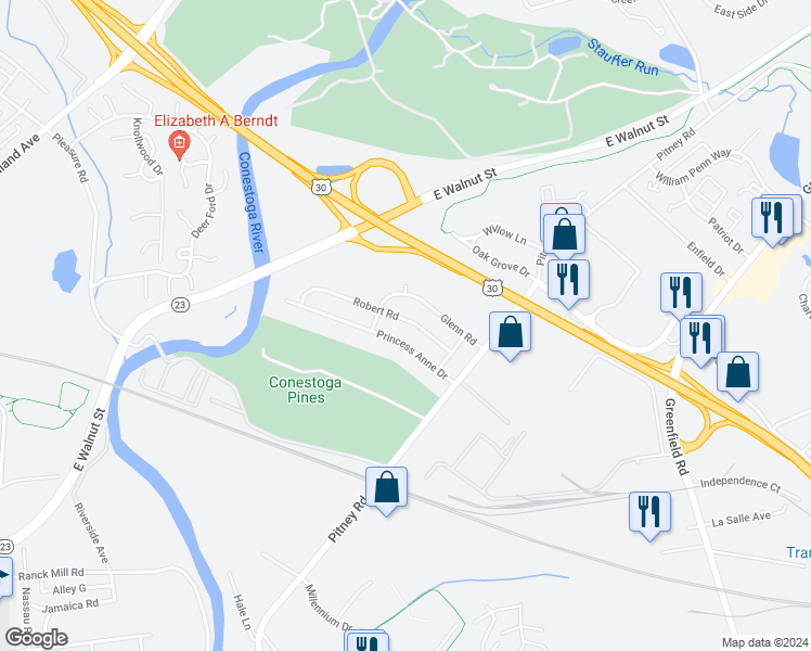 map of restaurants, bars, coffee shops, grocery stores, and more near 1620 Robert Road in Lancaster