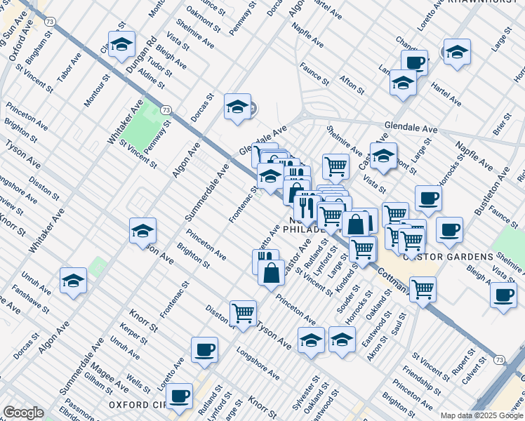 map of restaurants, bars, coffee shops, grocery stores, and more near 1328 Englewood Street in Philadelphia