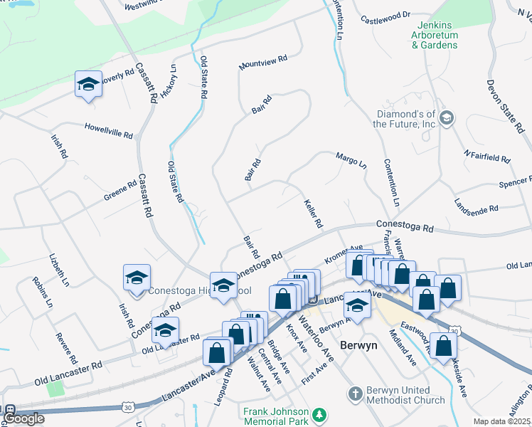 map of restaurants, bars, coffee shops, grocery stores, and more near 15 Carriage Way in Berwyn