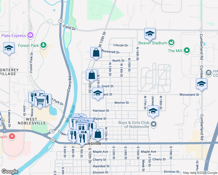 map of restaurants, bars, coffee shops, grocery stores, and more near 1193 Grant Street in Noblesville