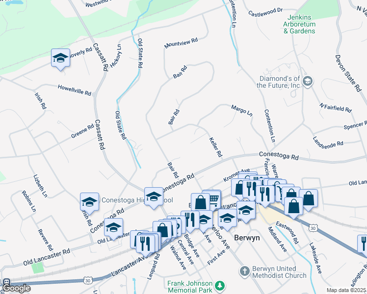 map of restaurants, bars, coffee shops, grocery stores, and more near 15 Carriage Way in Berwyn