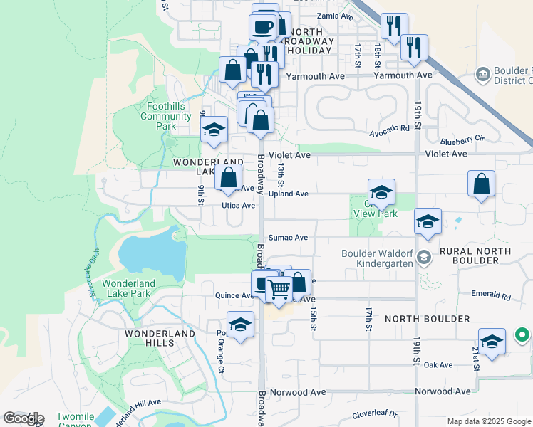 map of restaurants, bars, coffee shops, grocery stores, and more near in Boulder