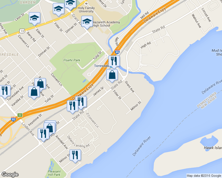 map of restaurants, bars, coffee shops, grocery stores, and more near 9580 State Road in Philadelphia