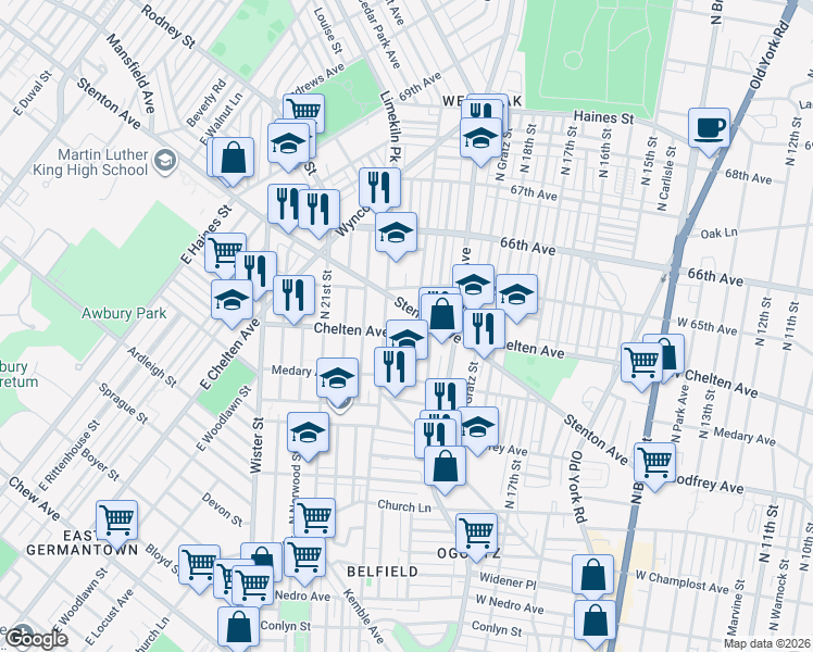 map of restaurants, bars, coffee shops, grocery stores, and more near 1940 West Chelten Avenue in Philadelphia