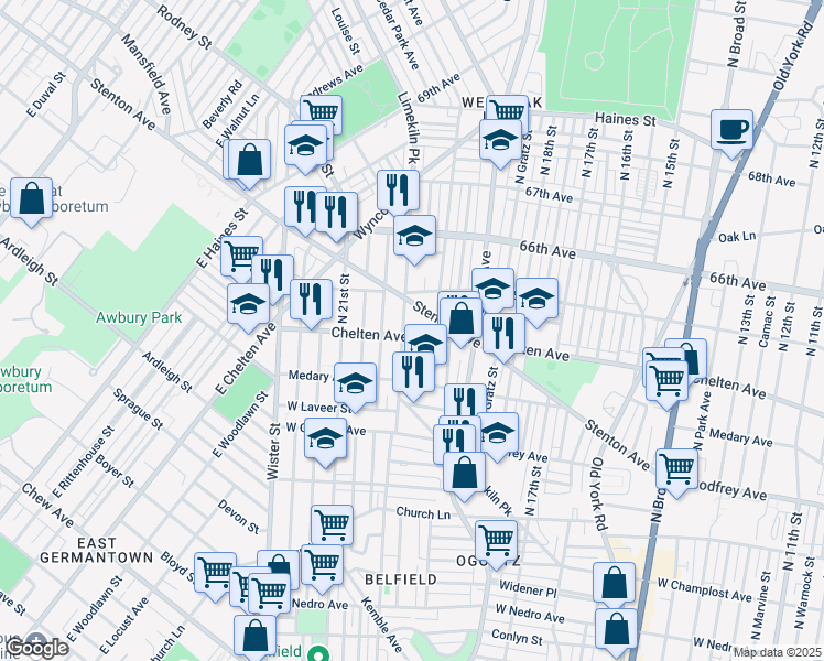 map of restaurants, bars, coffee shops, grocery stores, and more near 2000 Chelten Avenue in Philadelphia