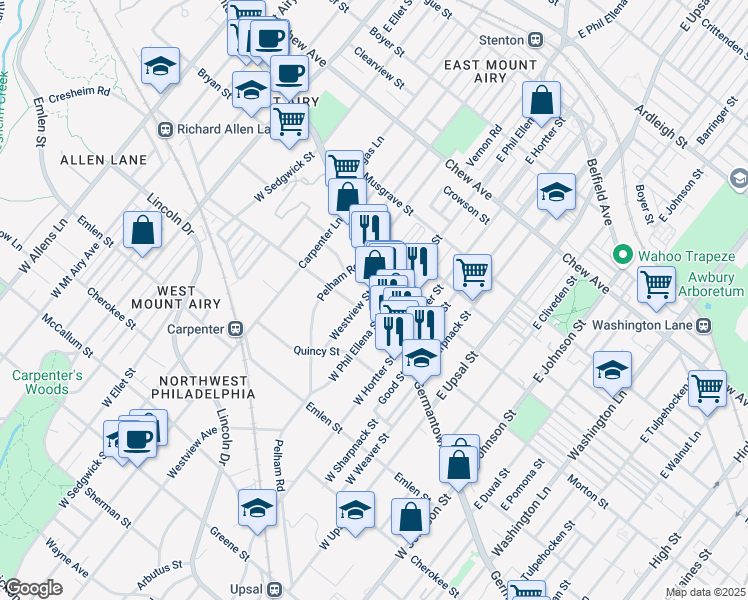 map of restaurants, bars, coffee shops, grocery stores, and more near 11 West Phil Ellena Street in Philadelphia