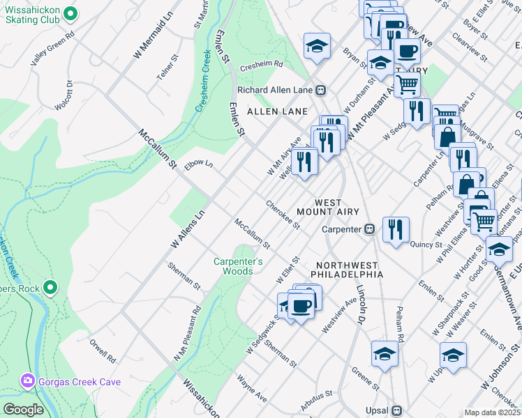 map of restaurants, bars, coffee shops, grocery stores, and more near 510 Wellesley Road in Philadelphia