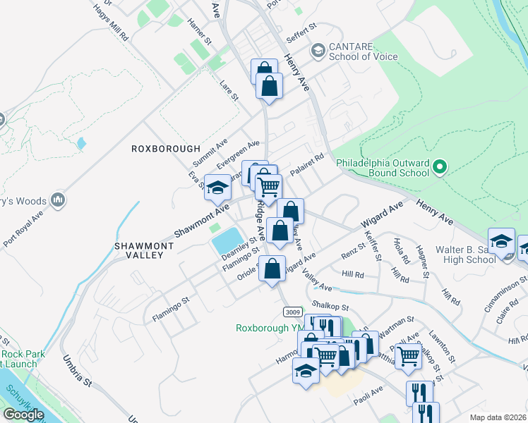 map of restaurants, bars, coffee shops, grocery stores, and more near 7631 Ridge Avenue in Philadelphia