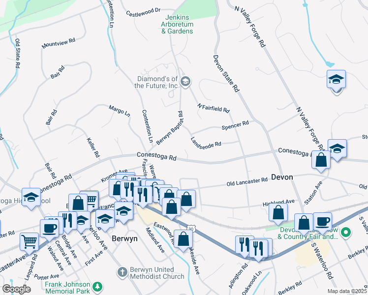 map of restaurants, bars, coffee shops, grocery stores, and more near 421 Conestoga Road in Berwyn