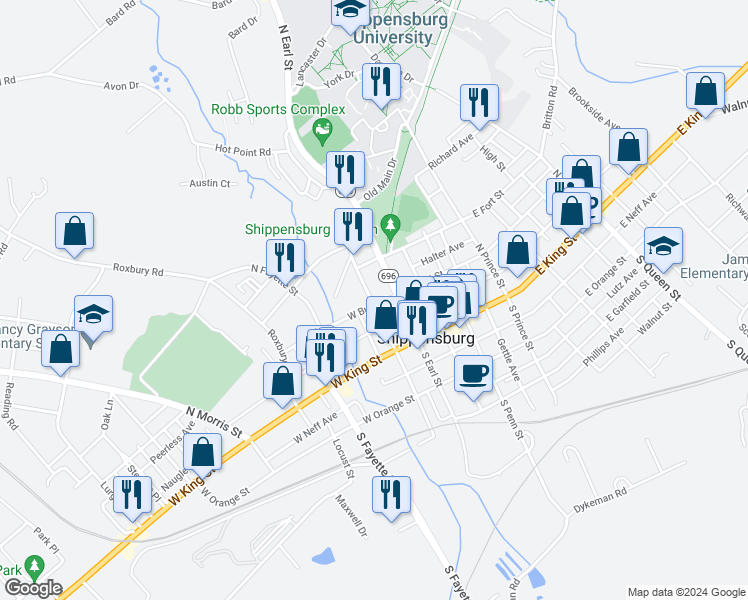 map of restaurants, bars, coffee shops, grocery stores, and more near 23 West Burd Street in Shippensburg