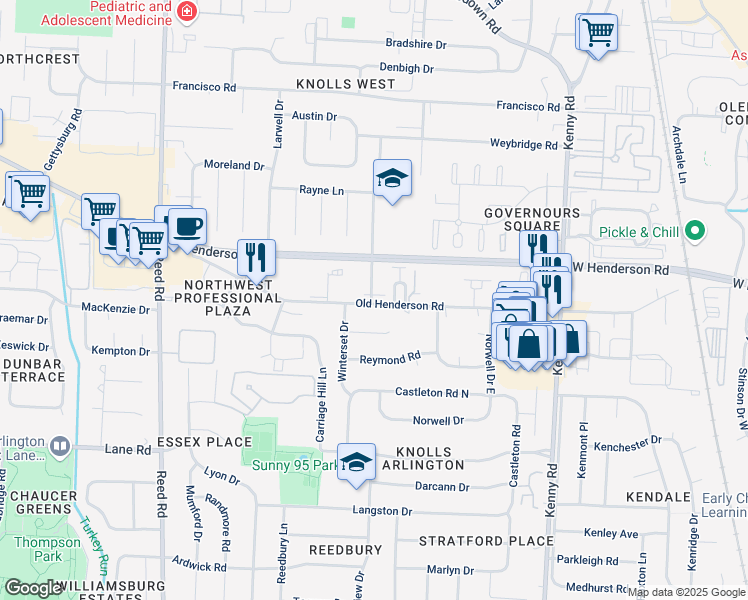 map of restaurants, bars, coffee shops, grocery stores, and more near 1443 Old Henderson Road in Columbus
