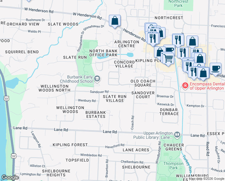 map of restaurants, bars, coffee shops, grocery stores, and more near 2261 Sandover Road in Columbus