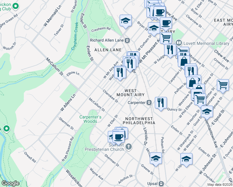 map of restaurants, bars, coffee shops, grocery stores, and more near 450 West Mount Pleasant Avenue in Philadelphia