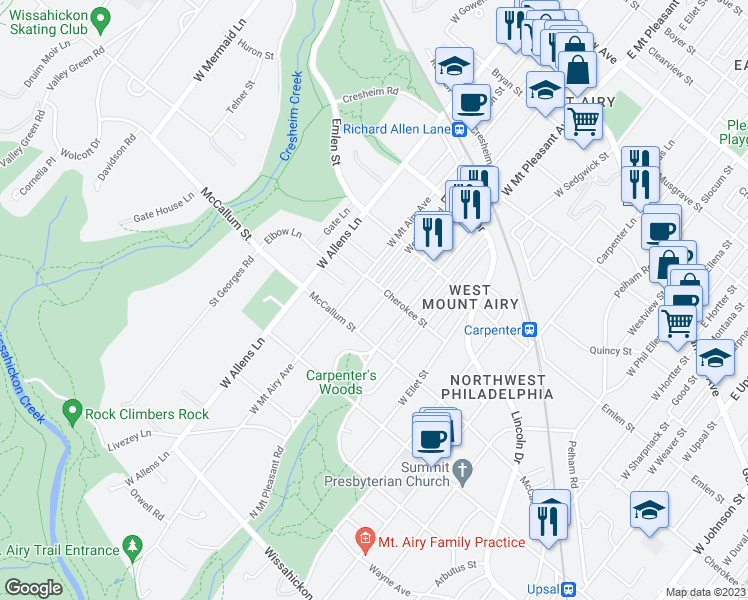 map of restaurants, bars, coffee shops, grocery stores, and more near 510 Wellesley Road in Philadelphia