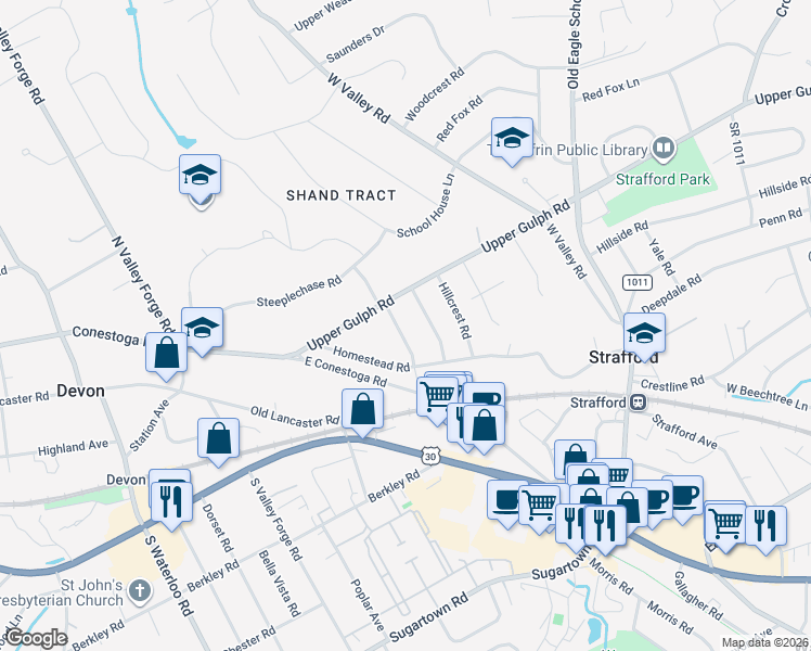 map of restaurants, bars, coffee shops, grocery stores, and more near 231 Sunset Road in Wayne