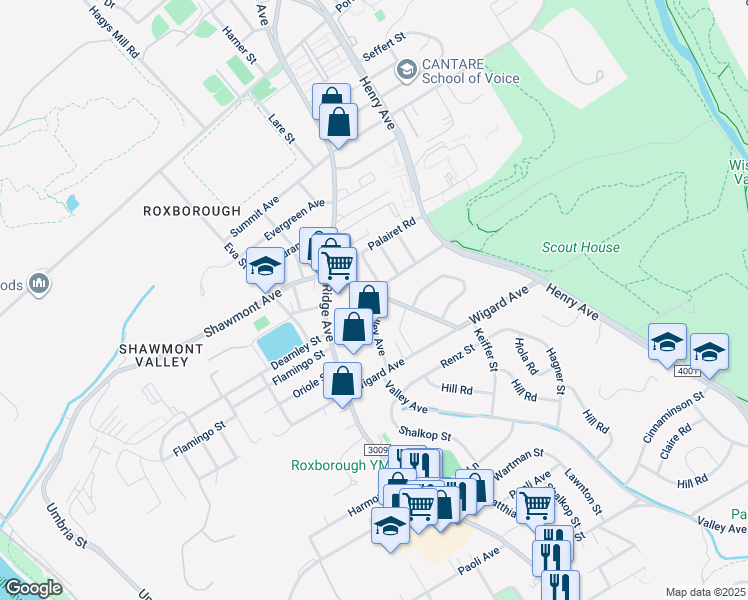 map of restaurants, bars, coffee shops, grocery stores, and more near 7560 Valley Avenue in Philadelphia