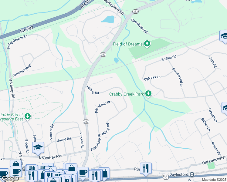 map of restaurants, bars, coffee shops, grocery stores, and more near 474 Hilltop Road in Paoli