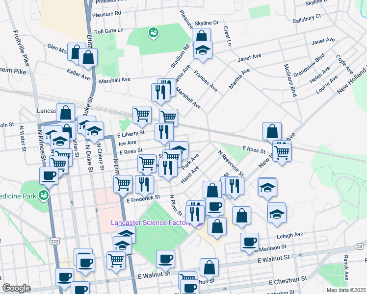 map of restaurants, bars, coffee shops, grocery stores, and more near 444 East Ross Street in Lancaster